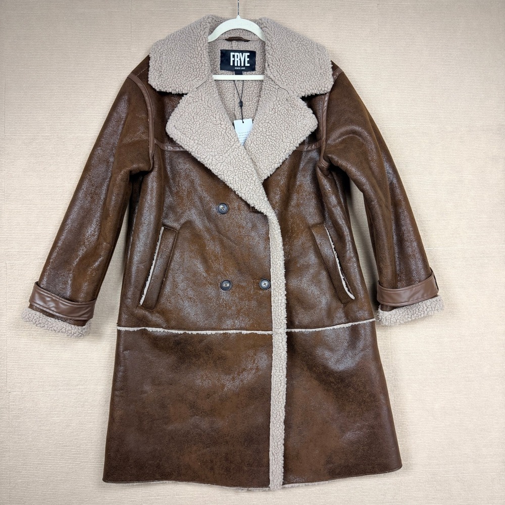 Frye Womens Faux Shearling Sherpa Lined Double Breasted Long Coat Brown NWT